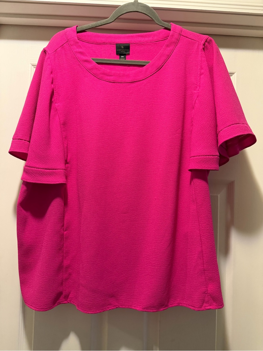Worthington Hot Pink Short Sleeve Ruffle Trim Blouse